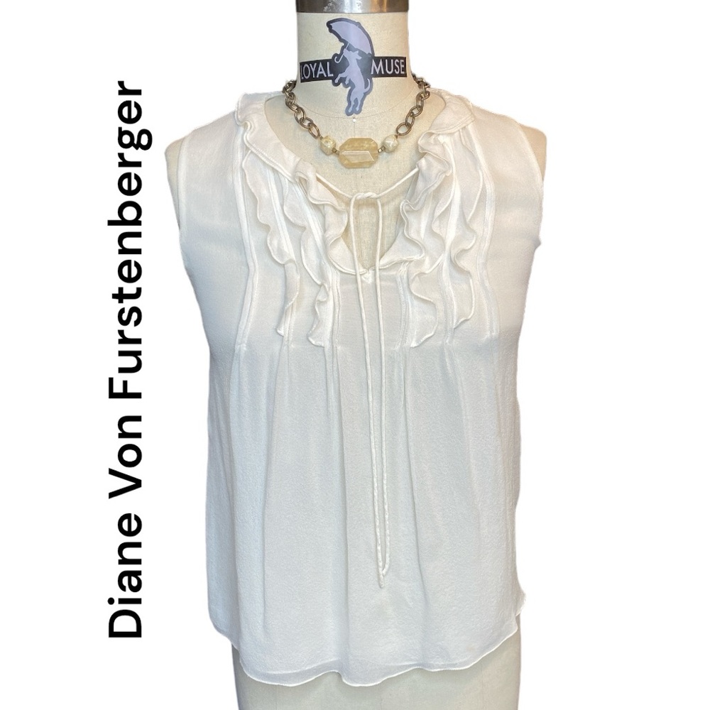 Diane Von Furstenberg 100% Silk Sleeveless “Kolby” Tank Blouse White Ruffles Tie